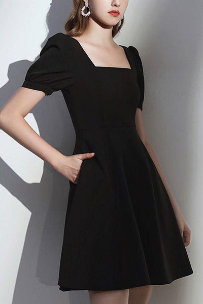 Cute Short Sleeves Black Prom Dresses, Short Black Homecoming Dresses, Black Formal Evening Dresses