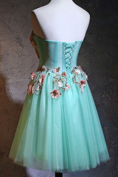 Cute Strapless Short Blue Prom Homecoming Dresses with Lace Appliques, Short Blue Floral Formal Evening Dresses
