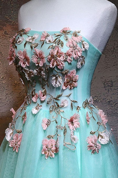 Cute Strapless Short Blue Prom Homecoming Dresses with Lace Appliques, Short Blue Floral Formal Evening Dresses