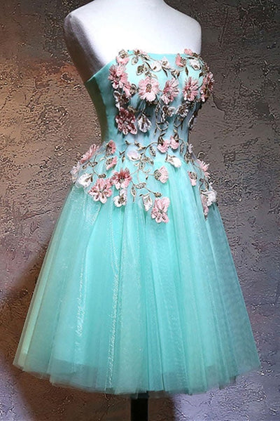 Cute Strapless Short Blue Prom Homecoming Dresses with Lace Appliques, Short Blue Floral Formal Evening Dresses