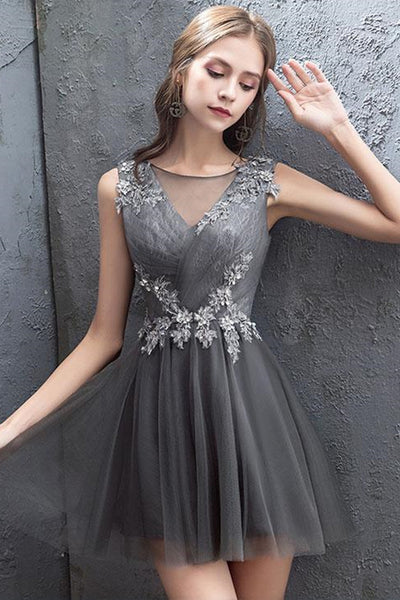 Cute Round Neck Open Back Gray Lace Short Prom Dresses, Gray Lace Homecoming Dresses, Grey Formal Graduation Evening Dresses