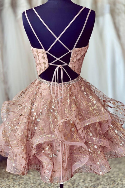 Cute V Neck Open Back Pink Short Prom Dresses, V Neck Pink Homecoming Dresses, Pink Formal Evening Dresses