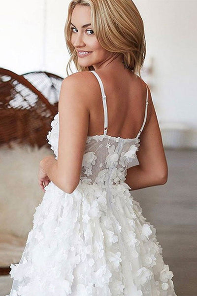 Cute White Floral V Neck Lace Short Prom Homecoming Dresses, Short White Floral Lace Formal Graduation Evening Dresses