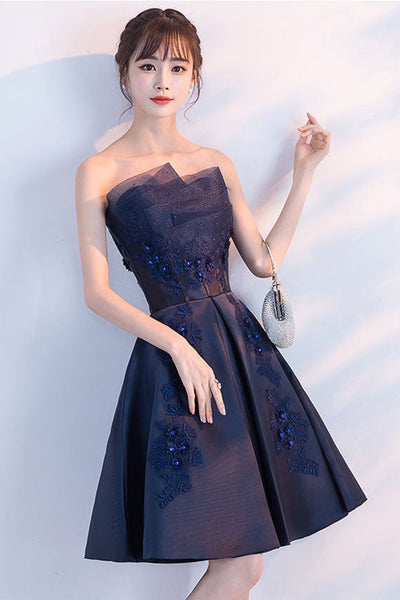 Dark Blue Lace Floral Short Prom Dresses, Strapless Dark Blue Homecoming Dresses, Short Dark Blue Formal Evening Dresses