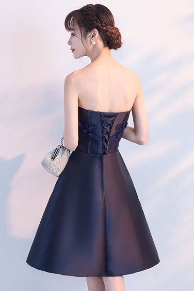 Dark Blue Lace Floral Short Prom Dresses, Strapless Dark Blue Homecoming Dresses, Short Dark Blue Formal Evening Dresses