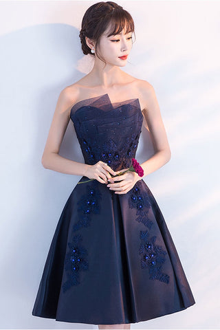 Dark Blue Lace Floral Short Prom Dresses, Strapless Dark Blue Homecoming Dresses, Short Dark Blue Formal Evening Dresses