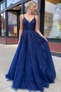 Dark Navy Blue Lace Prom Dresses, Dark Navy Blue Lace Formal Graduation Dresses