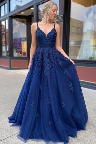 Dark Navy Blue Lace Prom Dresses, Dark Navy Blue Lace Formal Graduation Dresses