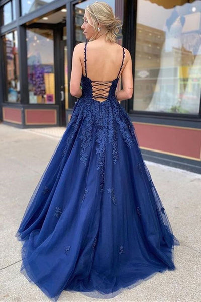 Dark Navy Blue Lace Prom Dresses, Dark Navy Blue Lace Formal Graduation Dresses