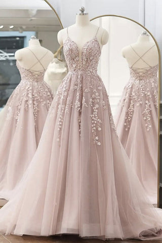 Deep V Neck Backless Pink Lace Long Prom Dresses, V Neck Pink Formal Dresses, Pink Lace Evening Dresses