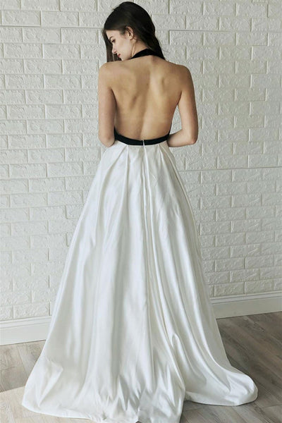 Deep V Neck Backless White Long Prom Dresses with Black Top, Halter Neck White Formal Graduation Evening Dresses