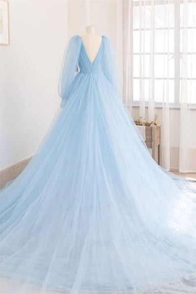Elegant Blue Tulle Long Prom Dresses V Neck Long Sleeves Blue Formal Graduation Evening Dresses