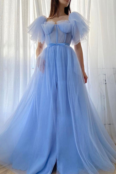 Elegant Cap Sleeves Blue Tulle Long Prom Dresses, Long Blue Formal Evening Dresses