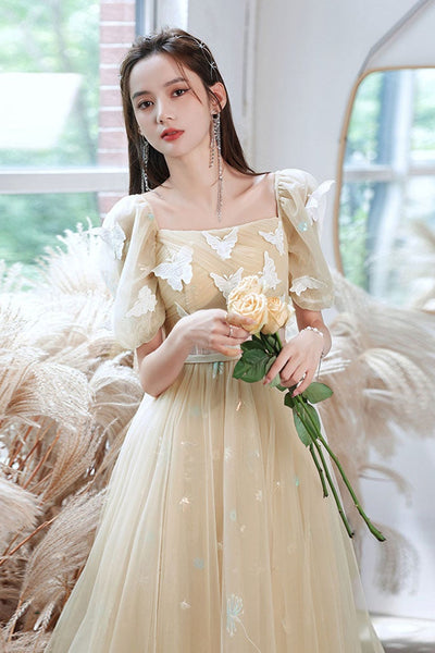 Elegant Champagne Tulle Long Prom Dresses with Butterfly Lace, Champagne Tulle Formal Evening Dresses