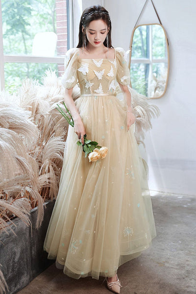 Elegant Champagne Tulle Long Prom Dresses with Butterfly Lace, Champagne Tulle Formal Evening Dresses