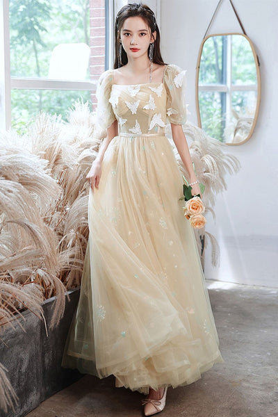 Elegant Champagne Tulle Long Prom Dresses with Butterfly Lace, Champagne Tulle Formal Evening Dresses