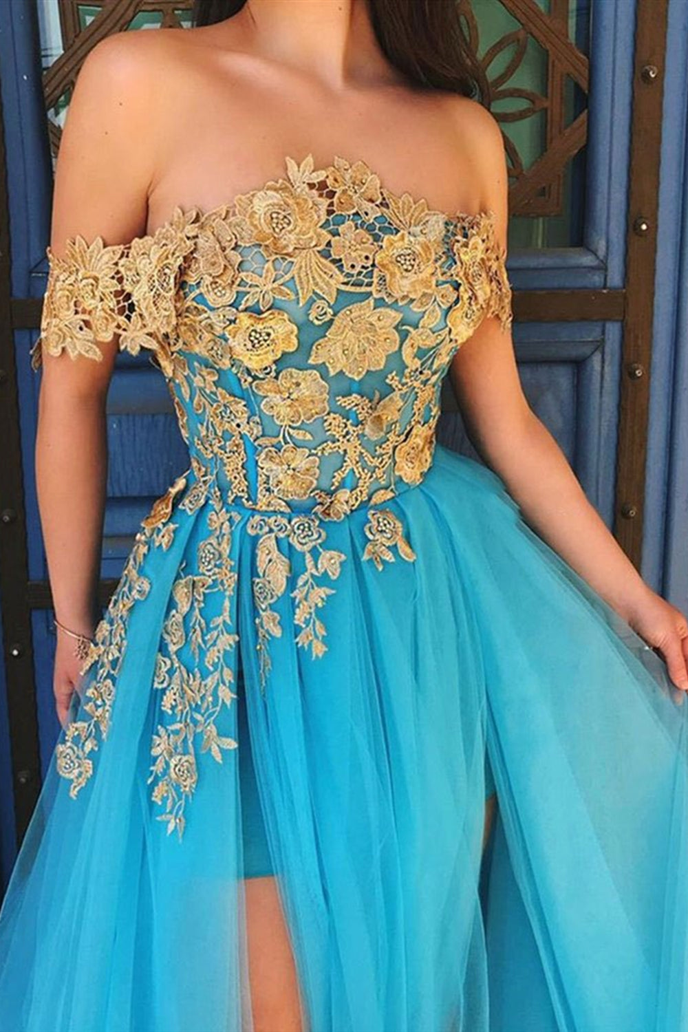 Elegant Off Shoulder Blue Long Prom Dresses with Appliques, Off Shoulder Blue Formal Dresses, Lace Blue Evening Dresses