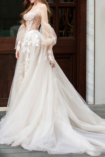 Elegant Open Back Champagne Lace Long Prom Dresses, Strapless Champagne Lace Formal Evening Dresses