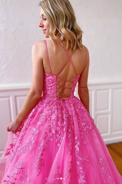 Elegant Open Back Pink Lace Long Prom Dresses, Pink Lace Long Formal Evening Dresses