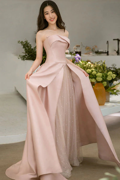 Elegant Pink Long Prom Dresses Strapless Beaded Pink Tulle Formal Graduation Evening Dresses