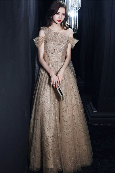 Elegant Shiny Sequins Champagne Long Prom Dresses, Off Shoulder Champagne Formal Evening Dresses