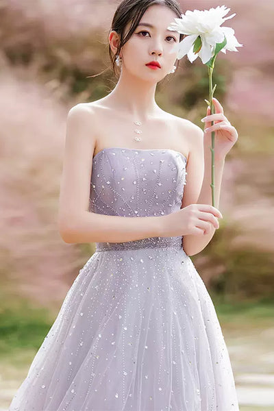Elegant Strapless Beaded Light Purple Tulle Long Prom Dresses, Beaded Light Purple Formal Graduation Evening Dresses WT1015