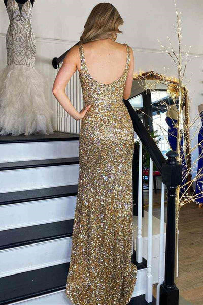 Gold Sequins Open Back Mermaid Long Prom Dresses with High Slit, Golden Sequins Formal Graduation Evening Dresses WT1167