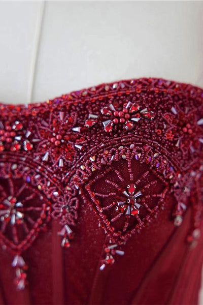 Gorgeous Burgundy Tulle Beaded Long Prom Dresses, Burgundy Formal Evening Dresses, Ball Gown WT1051