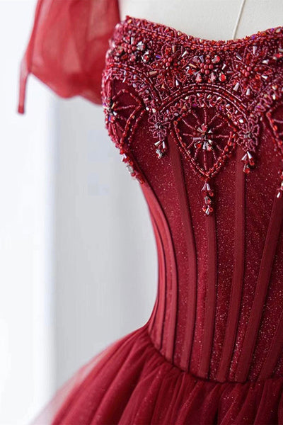 Gorgeous Burgundy Tulle Beaded Long Prom Dresses, Burgundy Formal Evening Dresses, Ball Gown WT1051