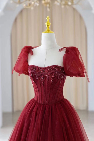 Gorgeous Burgundy Tulle Beaded Long Prom Dresses, Burgundy Formal Evening Dresses, Ball Gown WT1051