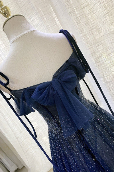 Gorgeous Dark Blue Tulle Beaded Long Prom Dresses, Navy Blue Beaded Formal Dresses, Long Dark Blue Evening Dresses