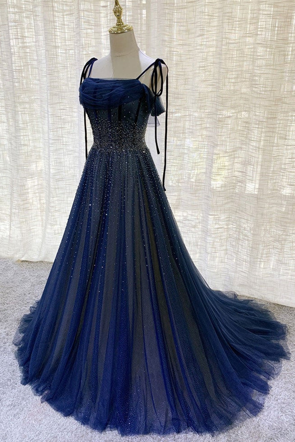 Gorgeous Dark Blue Tulle Beaded Long Prom Dresses, Navy Blue Beaded Formal Dresses, Long Dark Blue Evening Dresses