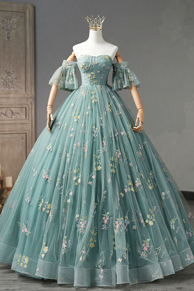 Gorgeous Green Tulle Long Prom Dresses with Appliques, Green Floral Formal Evening Dresses, Ball Gown WT1119