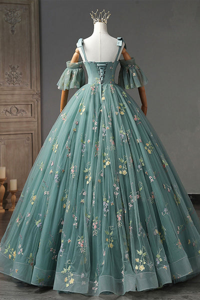 Gorgeous Green Tulle Long Prom Dresses with Appliques, Green Floral Formal Evening Dresses, Ball Gown WT1119