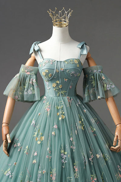 Gorgeous Green Tulle Long Prom Dresses with Appliques, Green Floral Formal Evening Dresses, Ball Gown WT1119