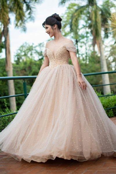 Gorgeous Off Shoulder Beaded Champagne Long Prom Dresses, Beaded Champagne Formal Evening Dresses