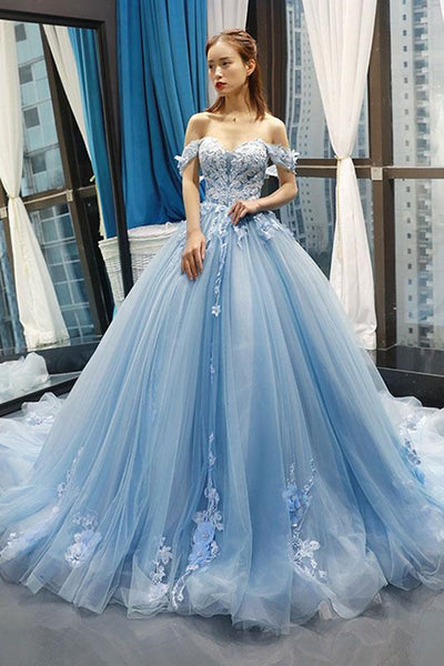 Gorgeous Off Shoulder Blue Lace Long Prom Dresses, Blue Lace Formal Dresses, Blue Evening Dresses, Ball Gown