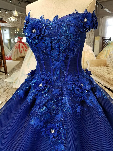 Gorgeous Off Shoulder Blue Lace Long Prom Dresses, Blue Lace Formal Evening Dresses, Blue Ball Gown