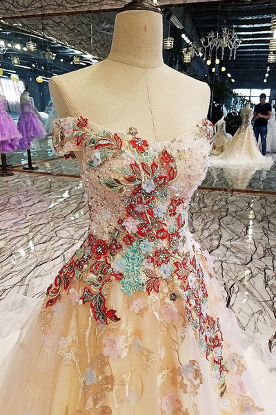 Gorgeous Off Shoulder Champagne Tulle Floral Beaded Long Prom Dresses, Champagne Formal Evening Dresses with 3D Flowers, Beaded Champagne Ball Gown