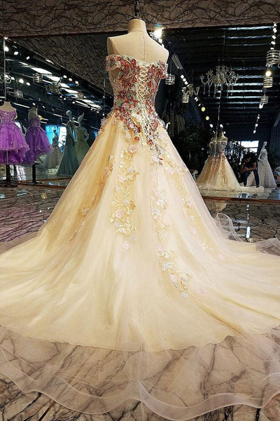 Gorgeous Off Shoulder Champagne Tulle Floral Beaded Long Prom Dresses, Champagne Formal Evening Dresses with 3D Flowers, Beaded Champagne Ball Gown