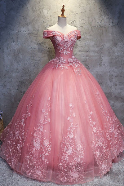 Gorgeous Off Shoulder Pink Lace Floral Long Prom Dresses, Pink Tulle Long Formal Dresses, Pink Evening Dresses