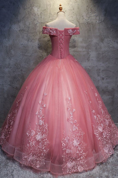 Gorgeous Off Shoulder Pink Lace Floral Long Prom Dresses, Pink Tulle Long Formal Dresses, Pink Evening Dresses