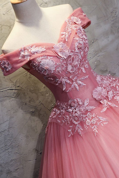 Gorgeous Off Shoulder Pink Lace Floral Long Prom Dresses, Pink Tulle Long Formal Dresses, Pink Evening Dresses