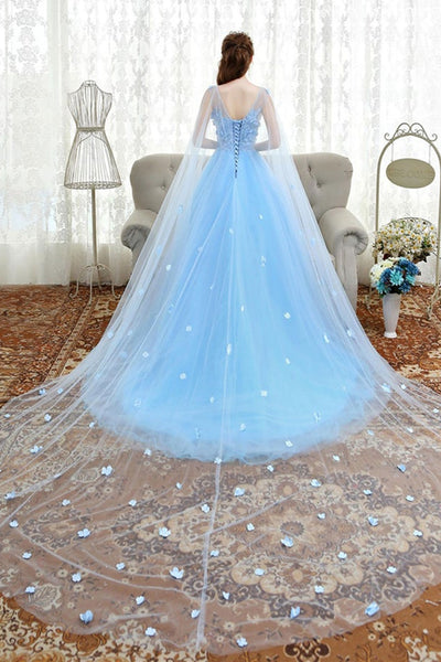 Gorgeous Round Neck Blue Lace Floral Long Prom Dresses, Blue Lace Formal Dresses, Blue Evening Dresses with Flowers