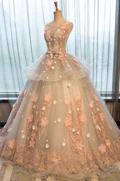 Gorgeous Round Neck Lace Floral Long Prom Dresses, Long Formal Evening Dresses with Appliques, Ball Gown