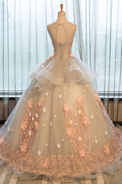 Gorgeous Round Neck Lace Floral Long Prom Dresses, Long Formal Evening Dresses with Appliques, Ball Gown