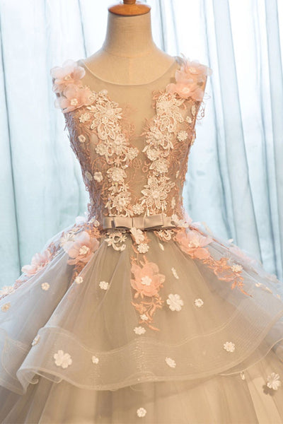 Gorgeous Round Neck Lace Floral Long Prom Dresses, Long Formal Evening Dresses with Appliques, Ball Gown