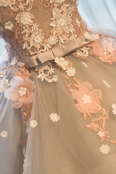 Gorgeous Round Neck Lace Floral Long Prom Dresses, Long Formal Evening Dresses with Appliques, Ball Gown
