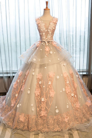 Gorgeous Round Neck Lace Floral Long Prom Dresses, Long Formal Evening Dresses with Appliques, Ball Gown