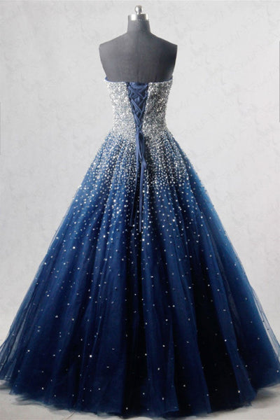 Gorgeous Strapless Beaded Dark Blue Tulle Long Prom Dresses, Open Back Beaded Dark Blue Formal Evening Dresses, Beaded Blue Ball Gown